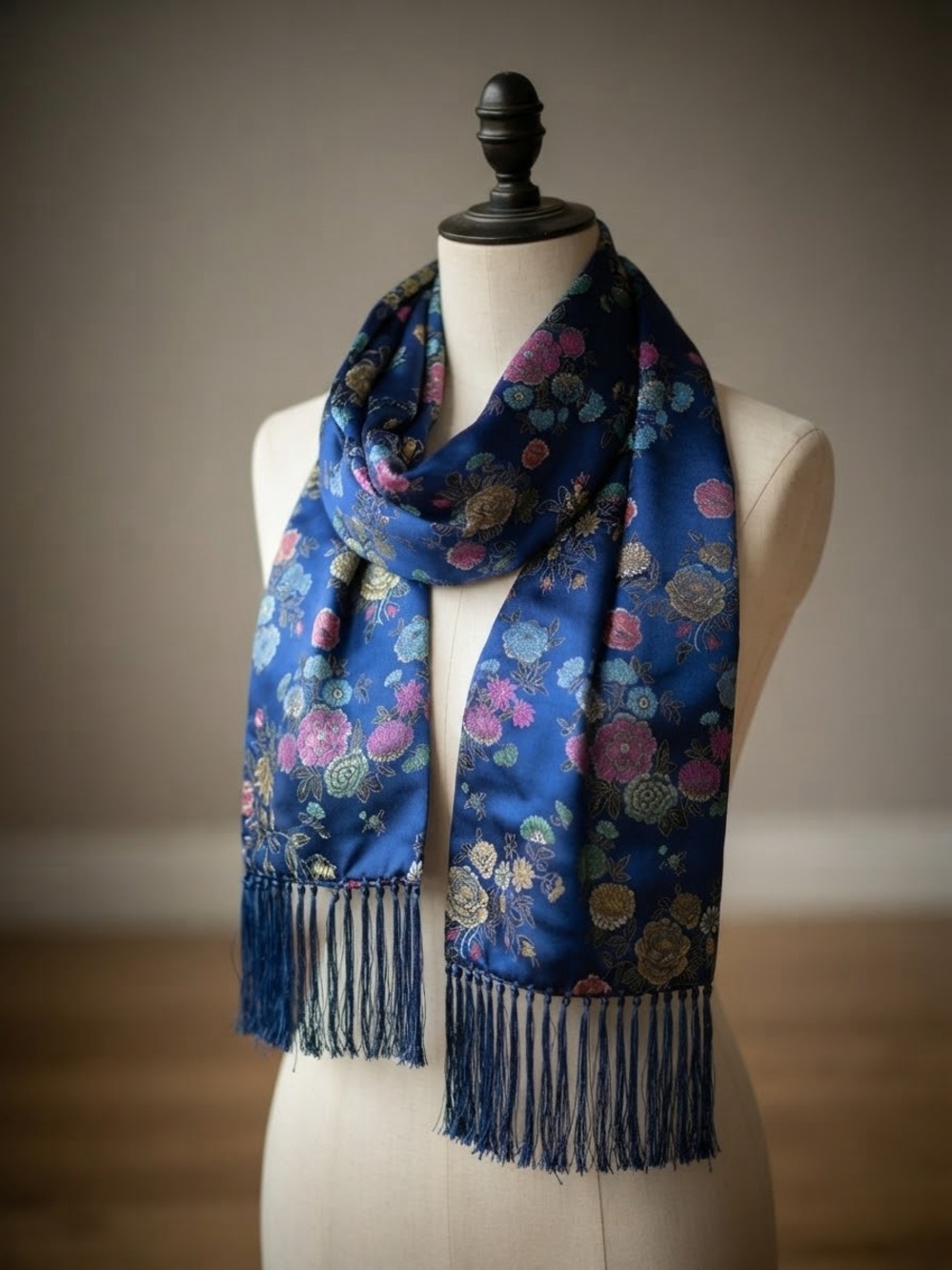 Vintage-Inspired Blue Chinese Embroidered Floral Scarf with Tassel Fringe